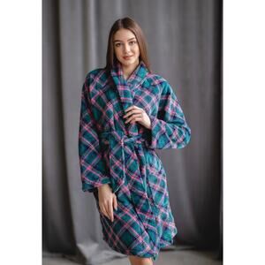 Victoria Secret Plush Pink Teal Blue Plaid Robe w belt Med/Lge Warm Cozy